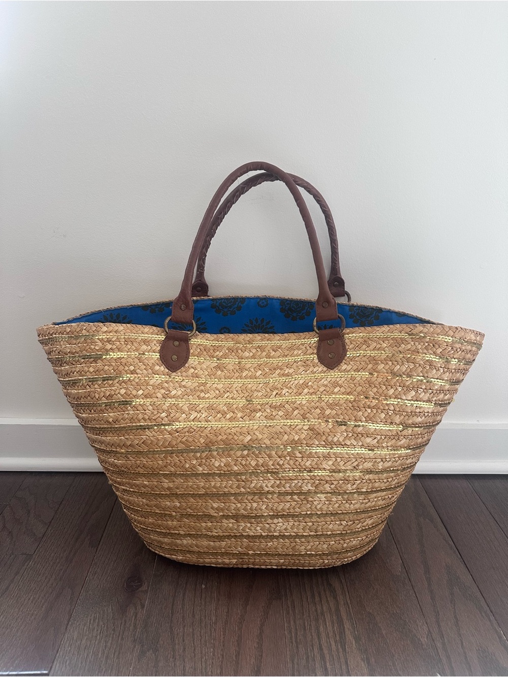 Straw Tote Beach Bag with Blue Lined Interior